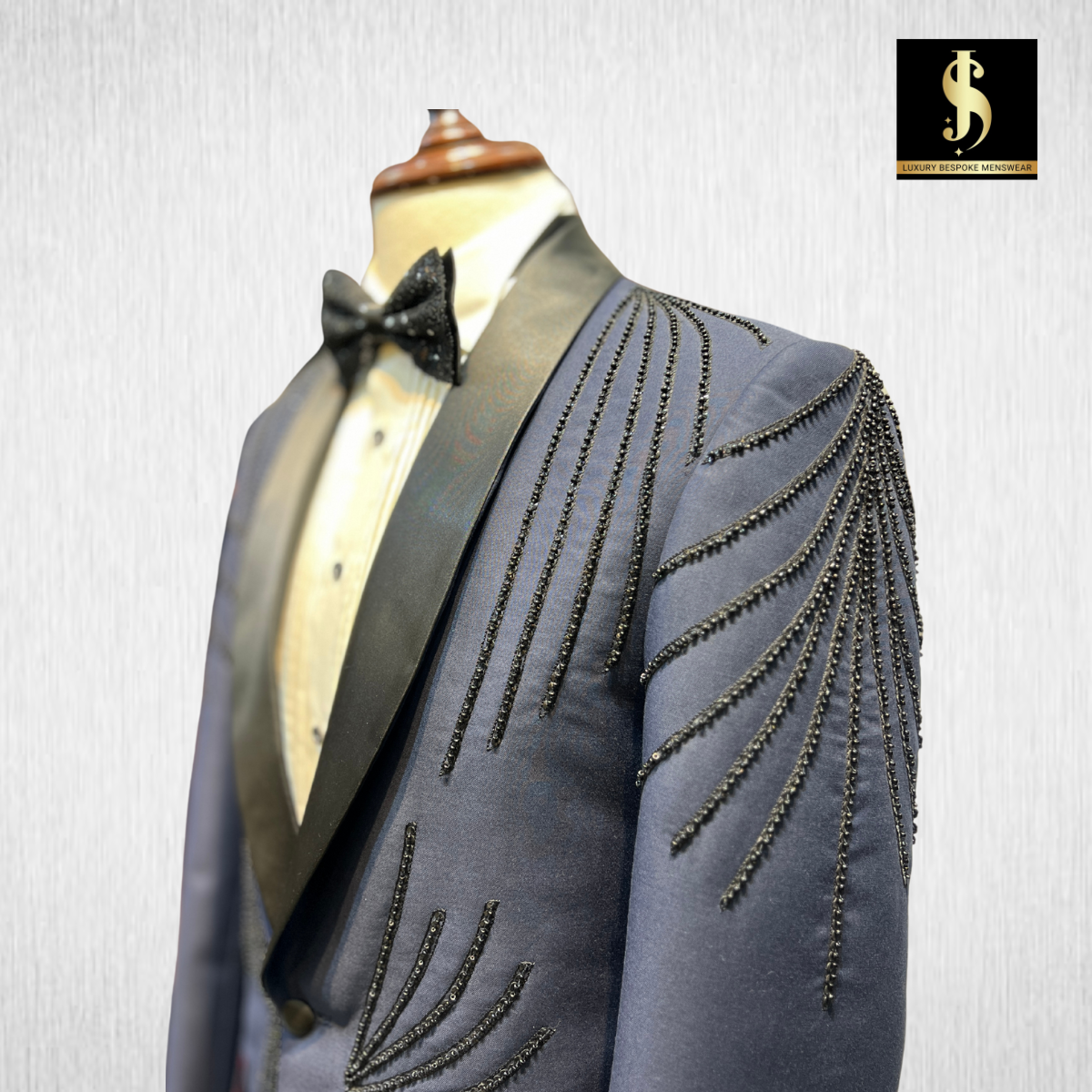 Navy Blue Embellished Tuxedo Suit