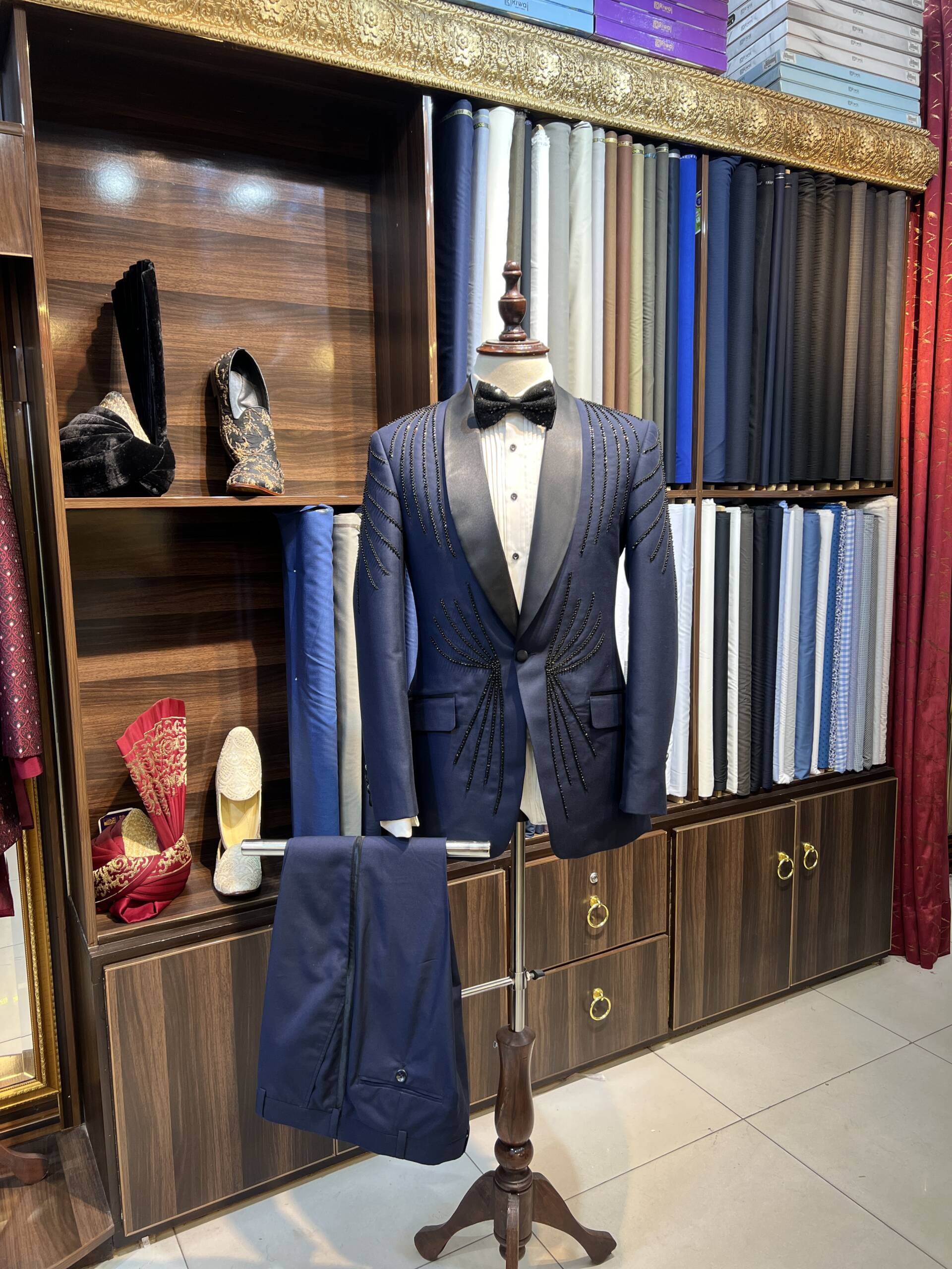 Navy Blue Embellished Tuxedo Suit - Image 2