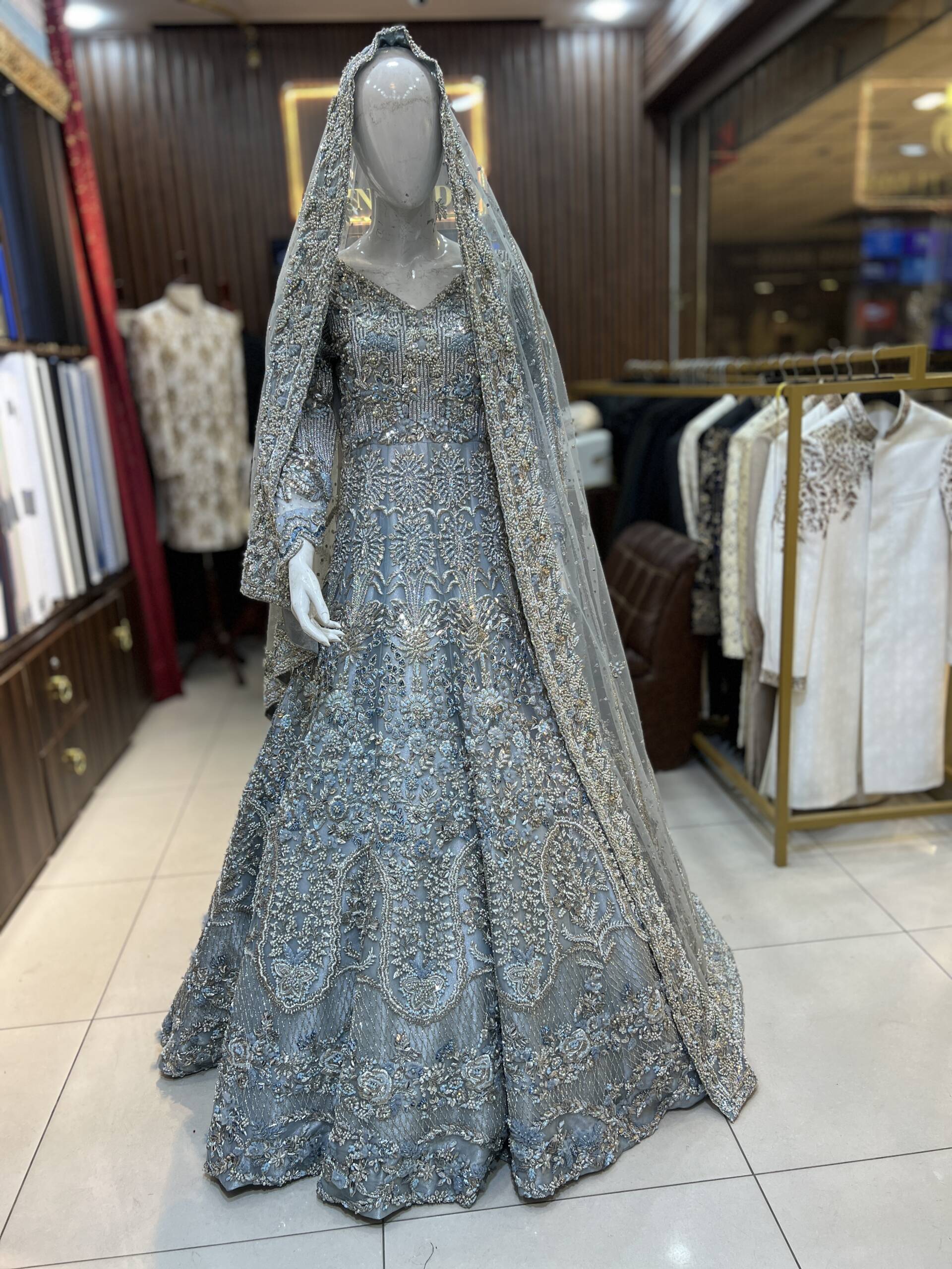 Silver Grey Hand-Embroidered Bridal Lehenga - Image 2