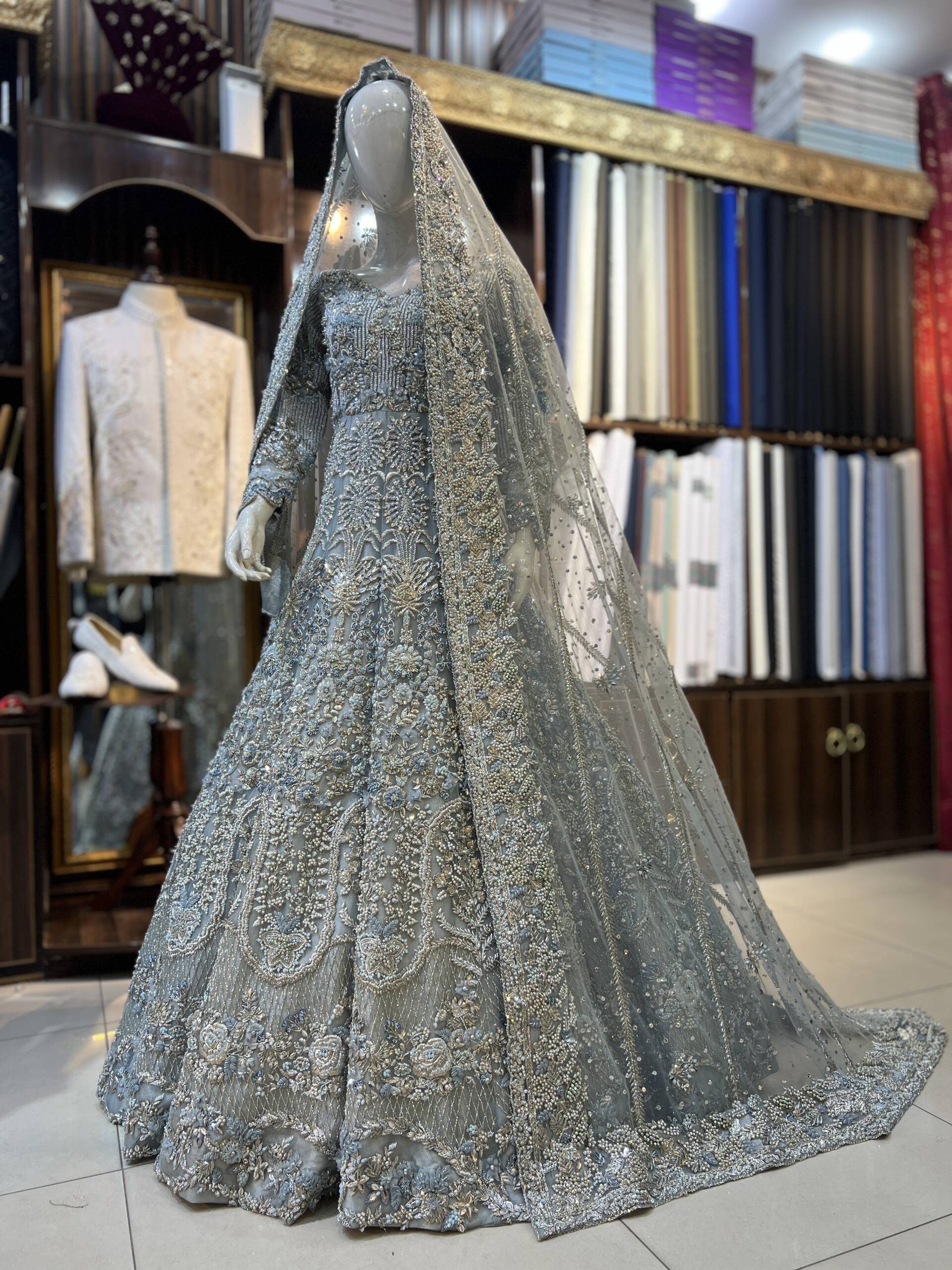 Silver Grey Hand-Embroidered Bridal Lehenga - Image 3