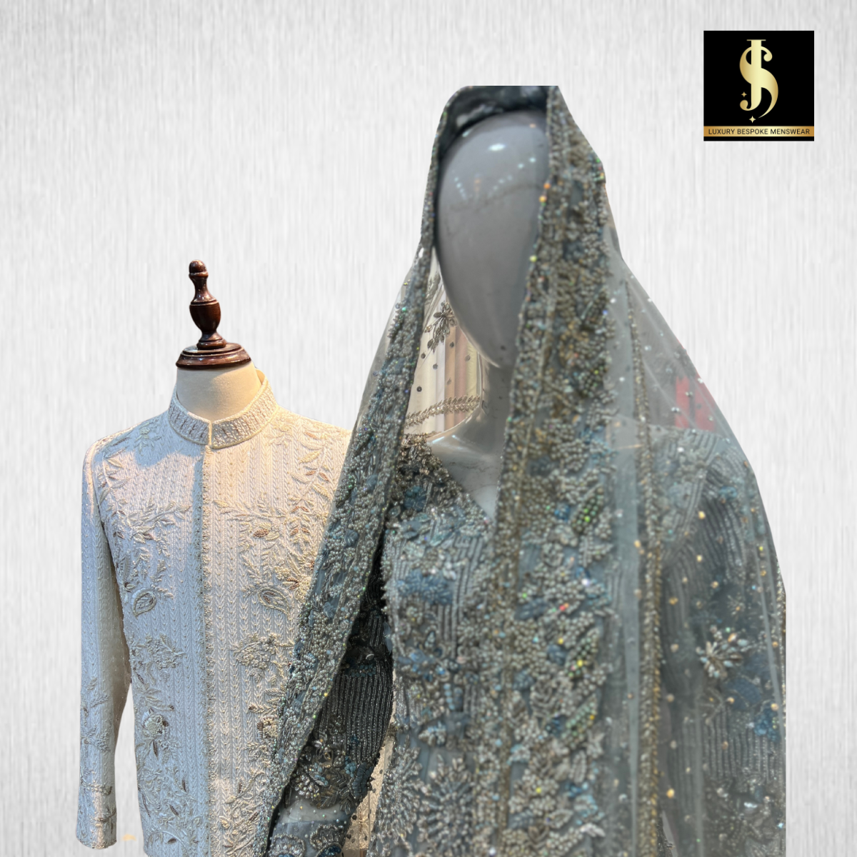 Bridal & Groom Dress Set - Silver & Ivory