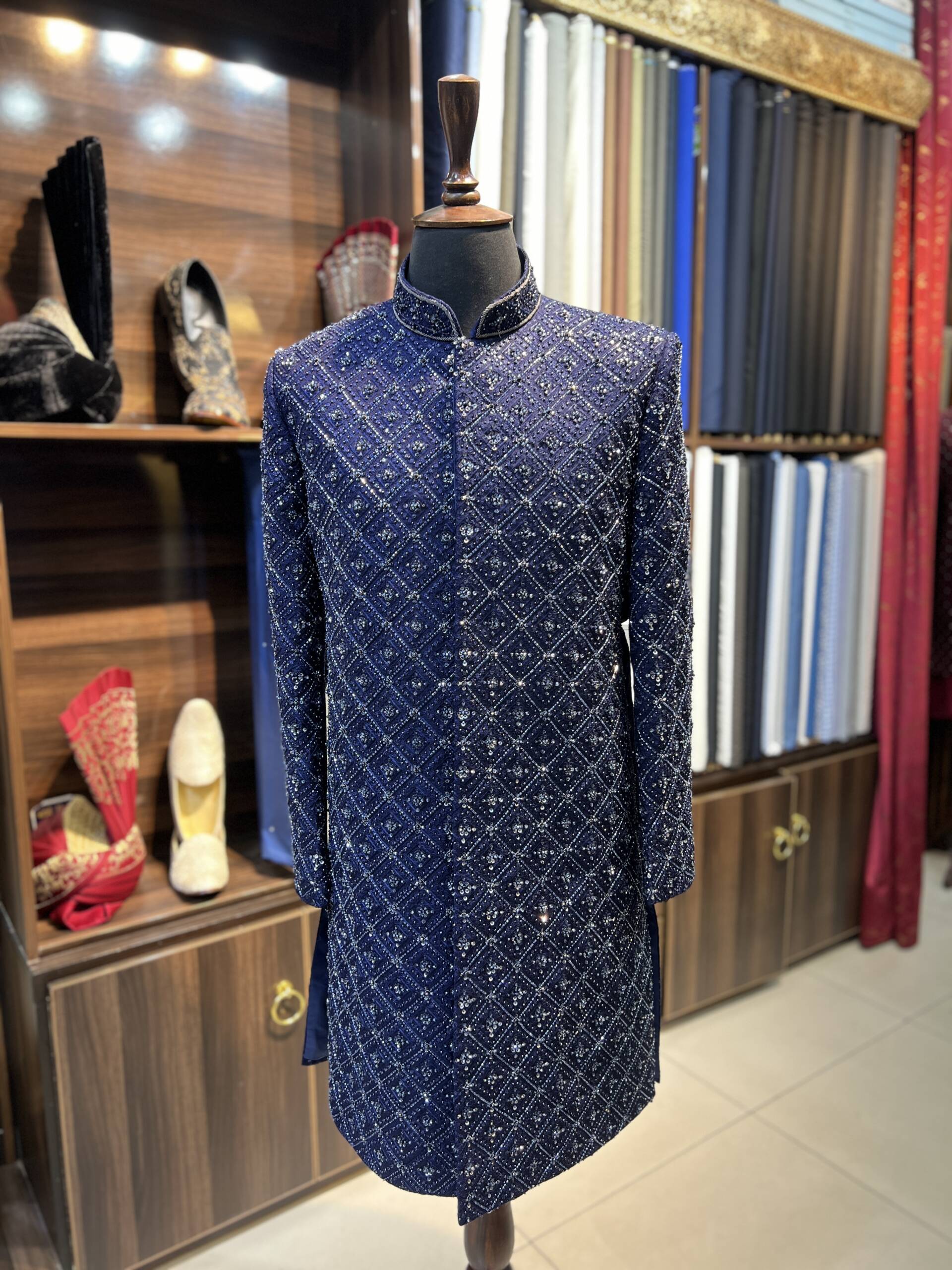 Royal Sapphire Hand-Embroidered Sherwani with Complete Set - Image 2