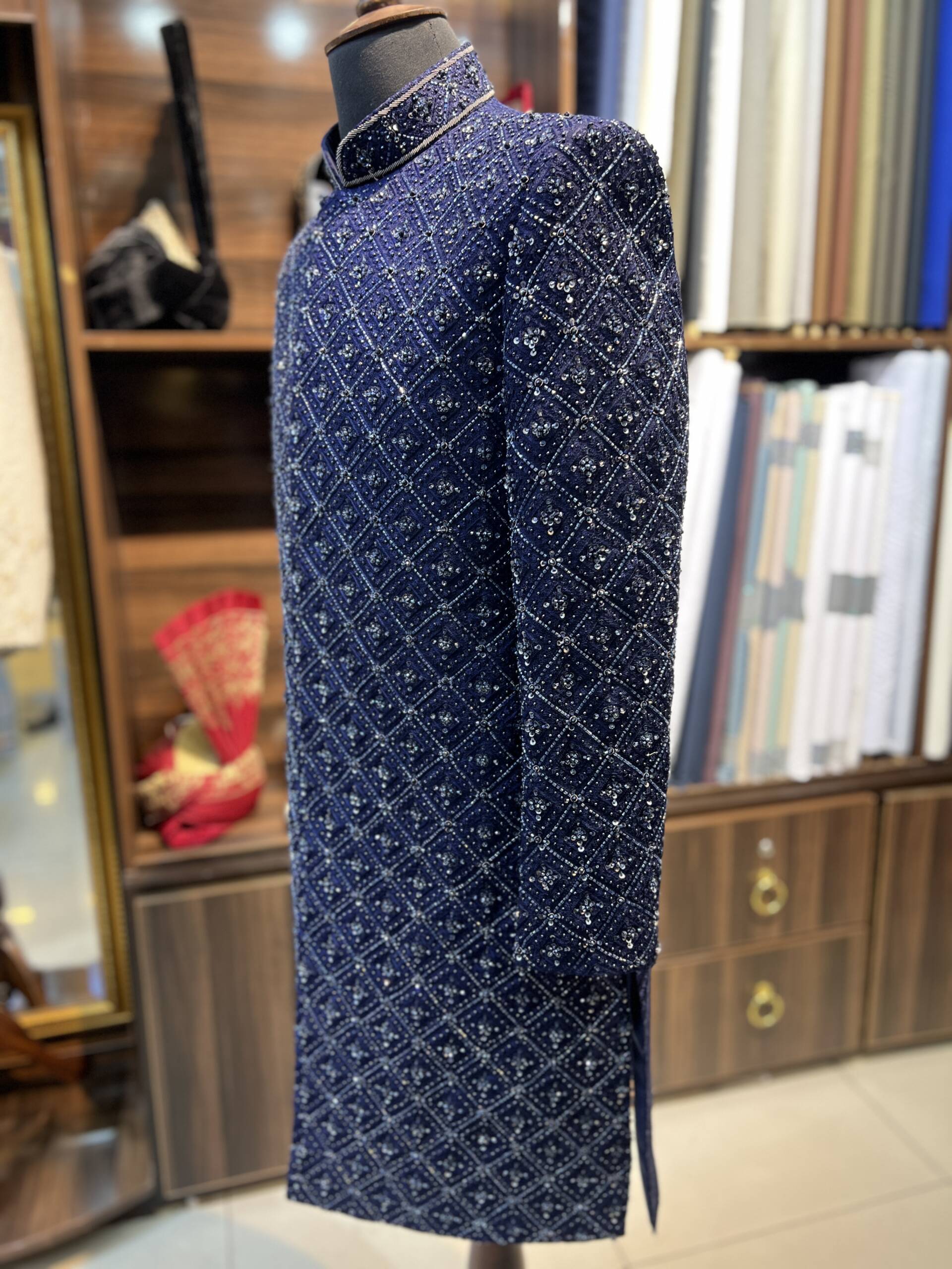 Royal Sapphire Hand-Embroidered Sherwani with Complete Set - Image 3